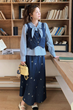 学院风甜美穿搭蓝色吊带叠穿衬衫套装女春秋超火好看半身裙三件套，女装短外套，婷丫丫