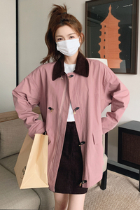 韩系粉色短款风衣外套女春秋季2025新款复古撞色休闲宽松夹克上衣图片