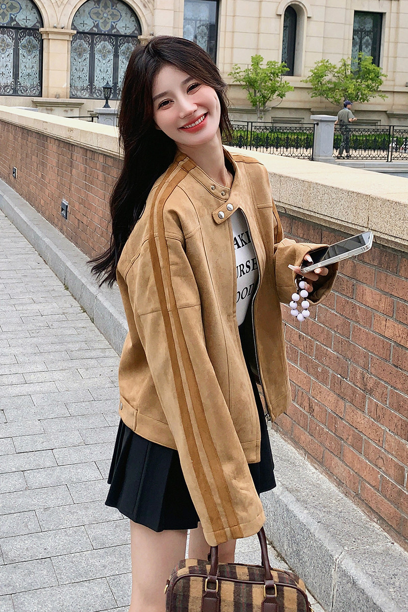 卡其色麂皮绒短款外套女2024秋季新款高级感复古休闲小个子夹克潮,女装短外套,婷丫丫