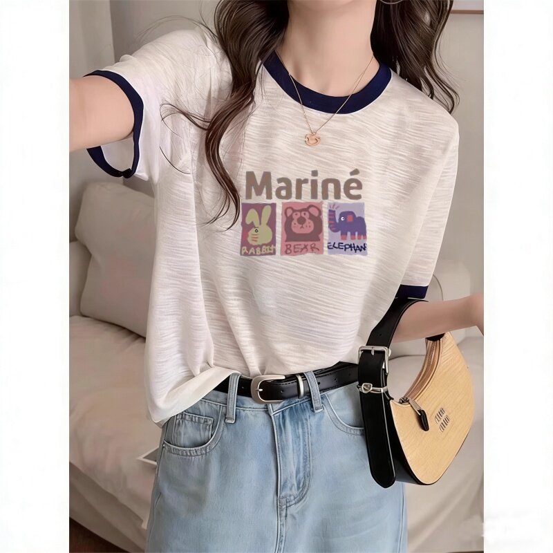大码宽松竹节棉短袖t恤女新款韩系圆领设计感卡通减龄印花上衣