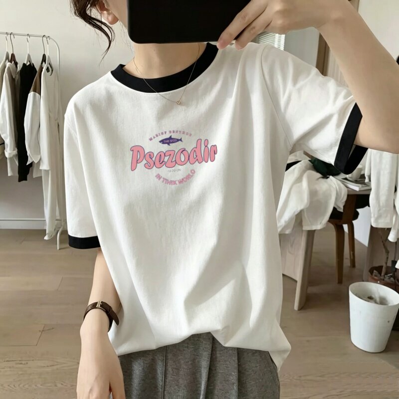 领口撞色纯棉短袖t恤女设计感时尚百搭白色宽松胖mm圆领印花上衣