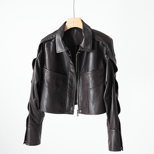 欧货2025春秋新款 高级感绵羊皮植鞣真皮小皮衣女小个子短夹克外套