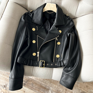 2025春秋新名媛轻奢高级感机车黑色显瘦修身短款真皮小皮衣外套女