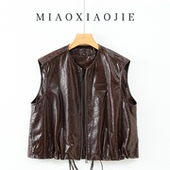 欧货高级感油蜡羊皮真皮马夹宽松无袖 坎肩背心2025秋新款 皮马甲女