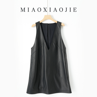 欧洲站 2025新款真皮连衣裙女宽松显瘦绵羊皮中长款a字皮裙背心裙