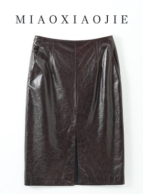 欧洲站 油蜡皮真皮小羊皮包臀裙前开叉高腰a字半身裙女2025秋新款