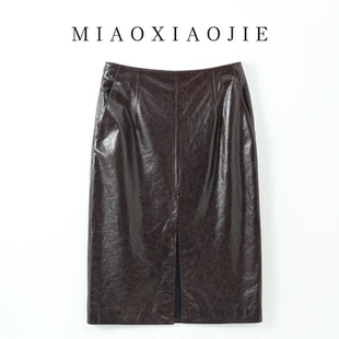欧洲站 油蜡皮真皮小羊皮包臀裙前开叉高腰a字半身裙女2025秋新款