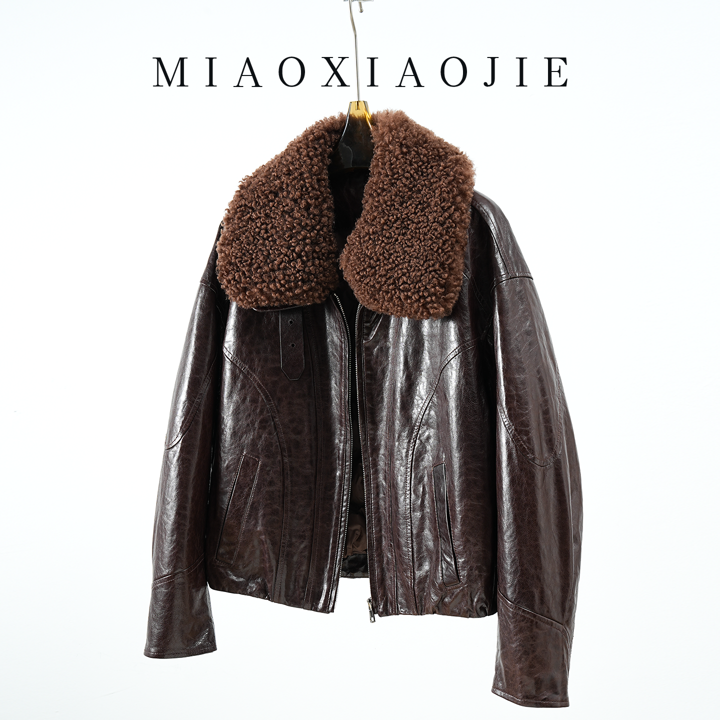 欧洲站2025冬新款高级感羊羔毛毛领真皮羽绒服女鹅绒外套皮夹克