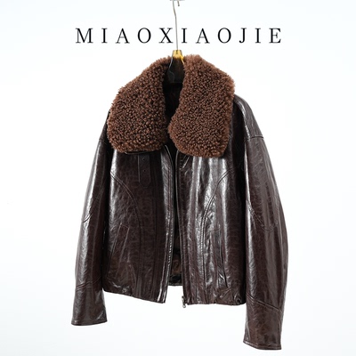 羊羔毛毛领真皮羽绒服女鹅绒