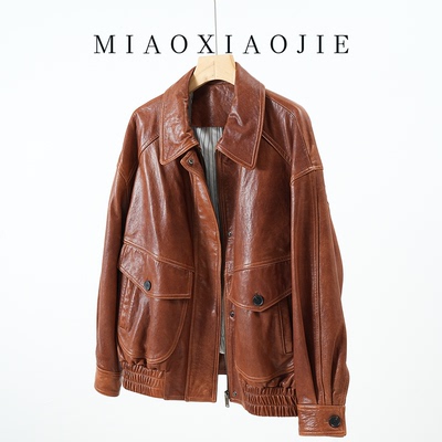 欧货羊皮植鞣皮真皮机车风衣