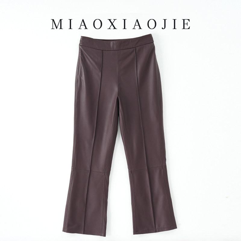 安可拉红欧洲站2025春秋新款小羊皮真皮高腰微喇皮裤女九分裤,女装/女士精品,休闲裤,淘宝优惠券,粉丝福利购,淘宝优惠卷