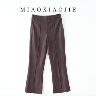 安可拉红欧洲站2025春秋新款小羊皮真皮高腰微喇皮裤女九分裤