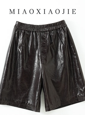 高级感欧洲站油蜡羊皮皮2025新款五分高腰真皮皮短裤中裤阔腿裤女
