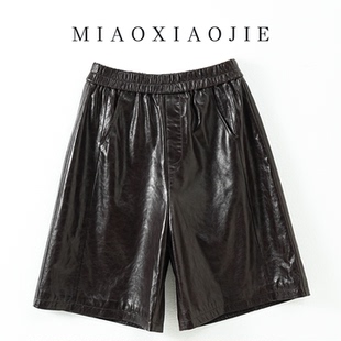 阔腿裤 中裤 女 五分高腰真皮皮短裤 高级感欧洲站油蜡羊皮皮2025新款