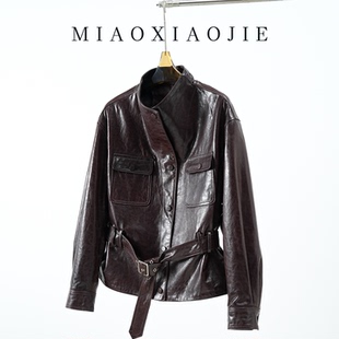 新款 真皮皮衣2026春秋季 皮夹克 高级感油蜡羊皮束腰工装 王珞丹同款