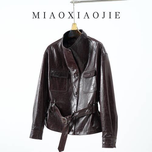 王珞丹油蜡羊皮束腰工装真皮皮衣