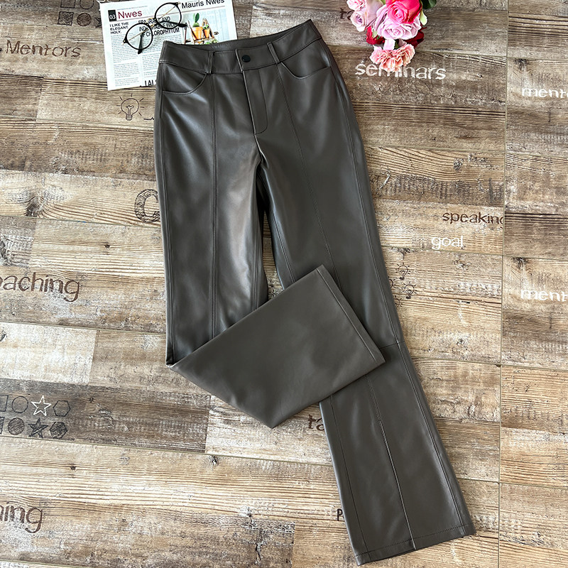欧洲站2025春秋新款纯小羊皮真皮高腰开叉皮裤女长裤喇叭裤,女装/女士精品,休闲裤,淘宝优惠券,粉丝福利购,淘宝优惠卷