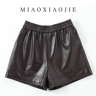 欧洲站小羊皮真皮皮短裤女2025新款高腰显瘦a字宽松皮裤阔腿裤