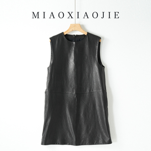 欧洲站植鞣真皮连衣裙女宽松显瘦绵羊皮中长款皮裙背心裙2025新款