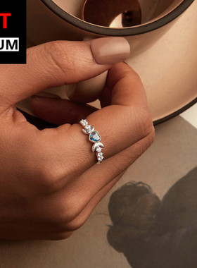 饰品跨境复古风爱心弯月戒指s925纯银镀白金百搭心形指环饰品女