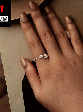 百搭小清新浪漫郁金香花朵开口戒s925纯银镀白金可调节戒指饰品女