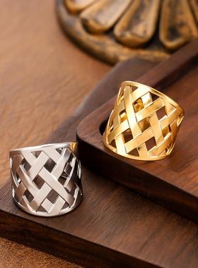 欧美几何编织拼接钛钢戒指