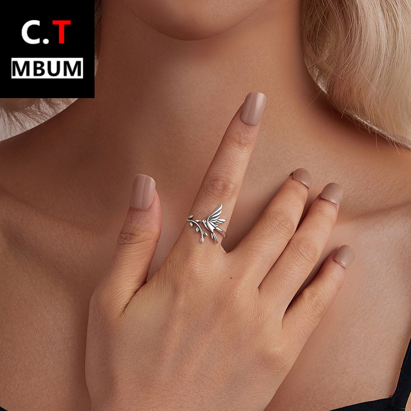 百搭原创精致飞鸟开口戒指s925纯银氧化款可调节小鸟戒指饰品女