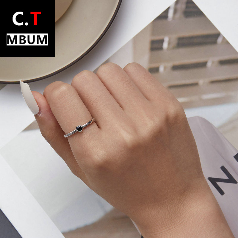 百搭纯银s925复古爱心黑锆石开口戒指心形石头简约花纹指环手饰女