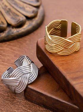 法式几何缠绕镀金开口戒指女