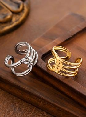 复古线条打结镀金戒指女