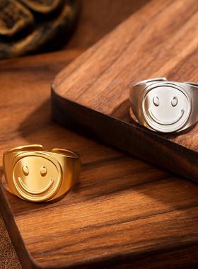 韩版简约钛钢笑脸戒指女潮