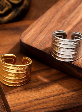 复古宽面不锈钢镀金戒指