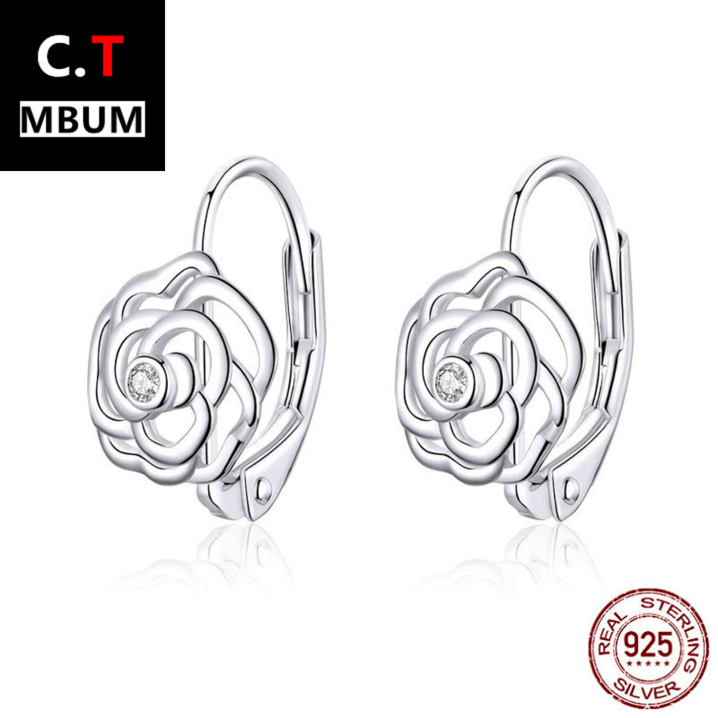 亚马逊货源玫瑰花纯银镀白金耳钉