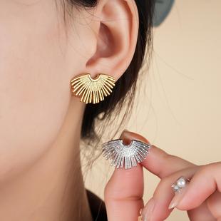 欧美新品时尚几何现代线条镂空射线钛钢耳环18K金耳饰女夸张感