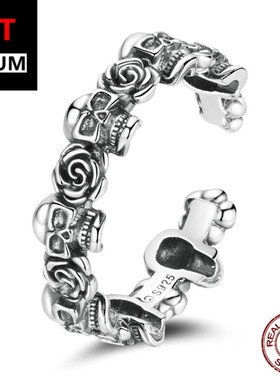 艾芙乐原创纯银玫瑰骷髅开口戒指