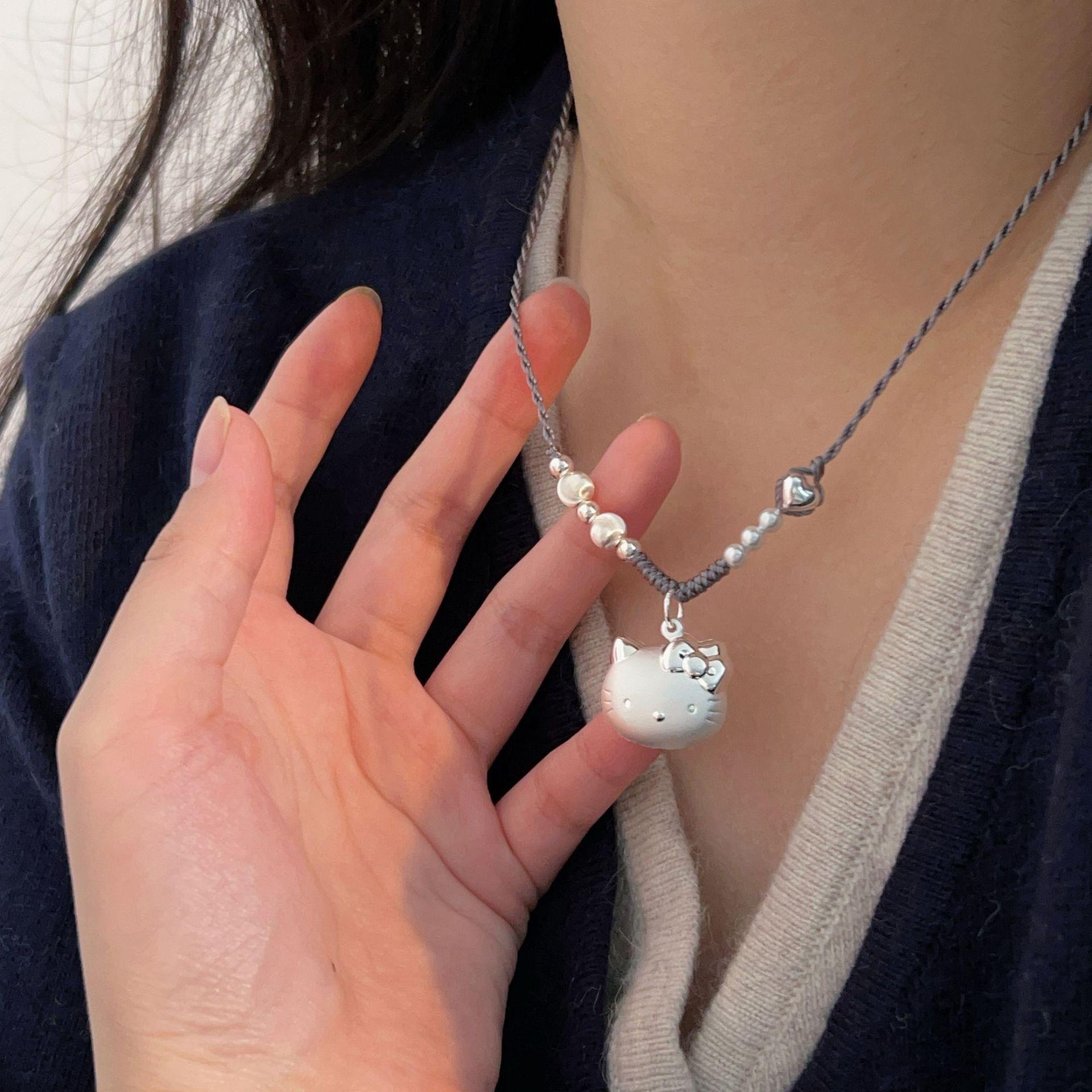 Cute~S925纯银凯蒂猫项链女可爱甜美韩国小清新毛衣链串珠绳饰品