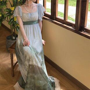2025年秋季新款油画帝政裙复古宫廷风长裙印花连衣裙女法式