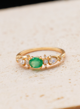 岚山私语 新中式古典复古气质轻奢S925纯银镀14K金绿玉髓戒指环