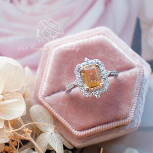 晚秋私语 复古法式宫廷风个性天然黄水晶925银镀白金开口戒指环
