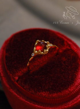 绯红浆果 复古气质显白轻奢中式糖塔芬达红石榴石925银镀金戒指环