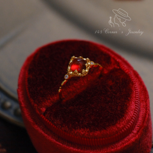 绯红浆果 糖塔芬达红石榴石925银镀金戒指环 复古气质显白轻奢中式