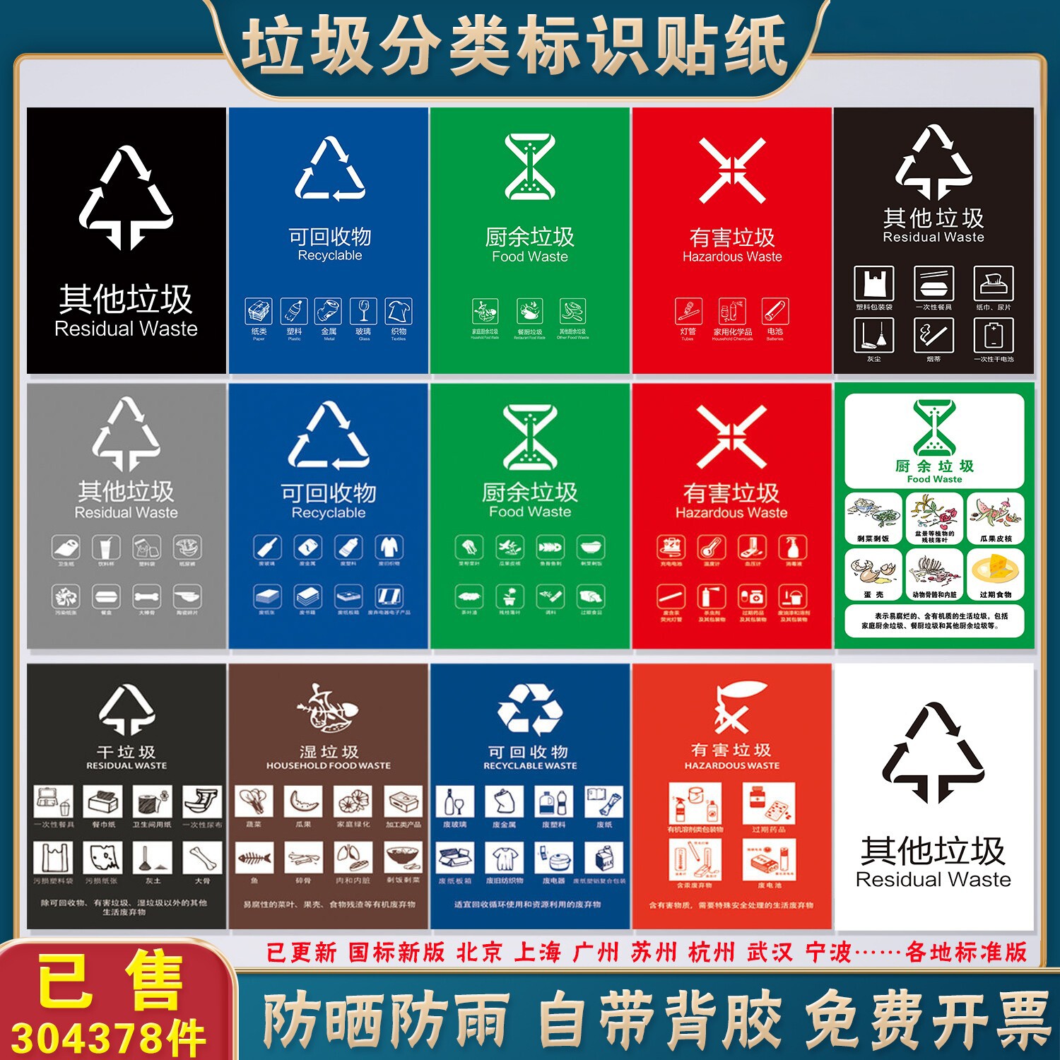 新版垃圾分类标识防水贴纸可开票图片