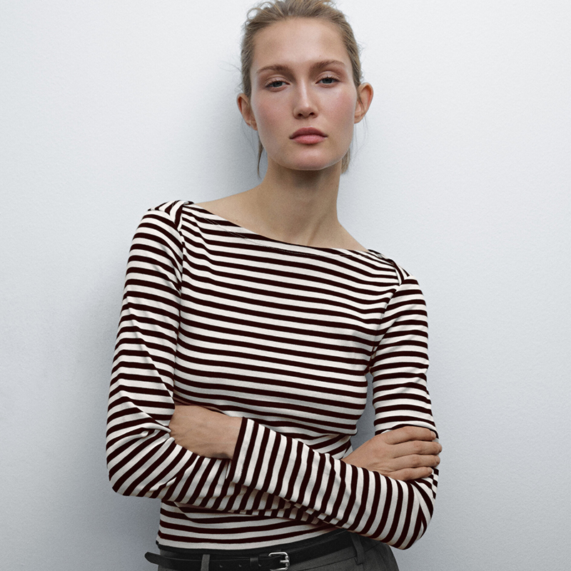 新款气质条纹纯棉显瘦长袖T恤