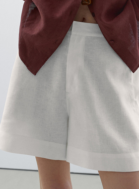 MD女装2025夏款高智感通勤风亚麻纯色压褶中腰短裤简约百搭五分裤