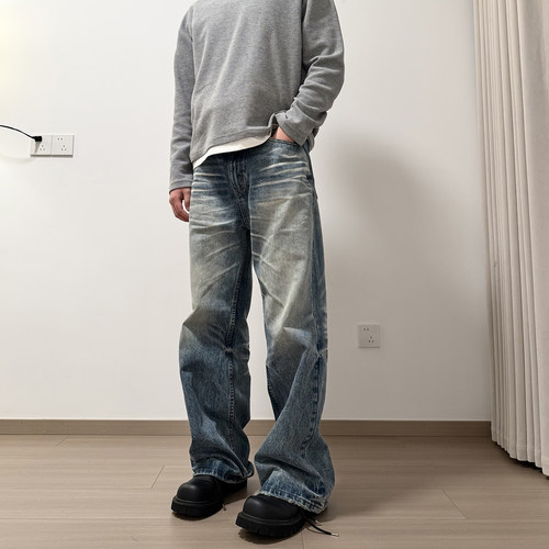 soxiox裤脚毛边水洗蓝牛仔