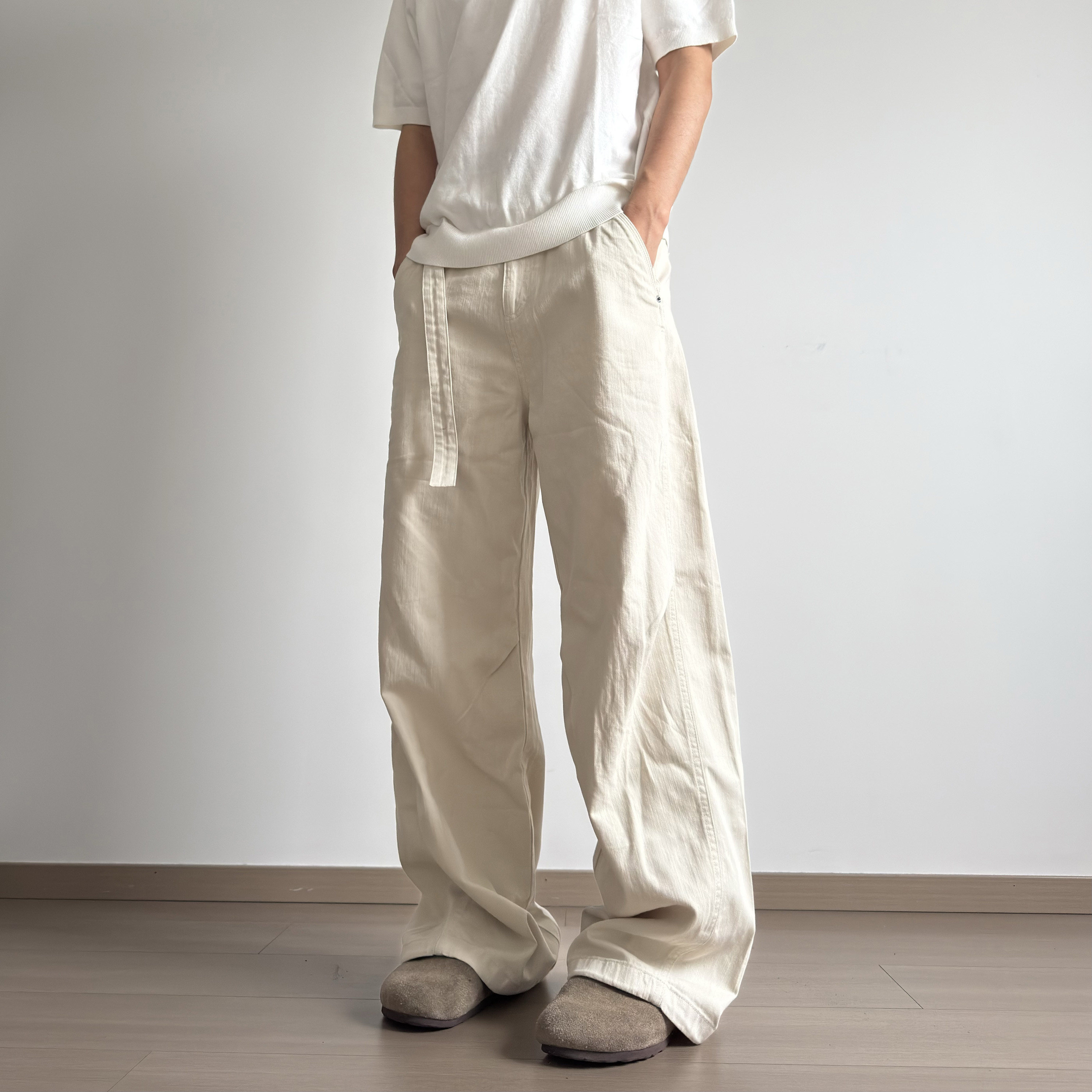 soxiox垂感米白色阔腿裤夏薄款宽松飘带人夫感穿搭老钱风裤子男生