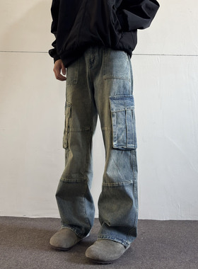 soxiox夏季美式多口袋宽松工装牛仔裤男女款直筒复古高级感裤子潮
