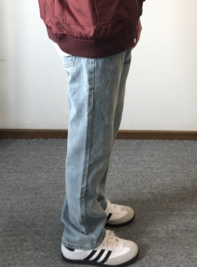 soxiox秋季纯色百搭cleanfit微喇牛仔裤男女直筒宽松美式vibe长裤