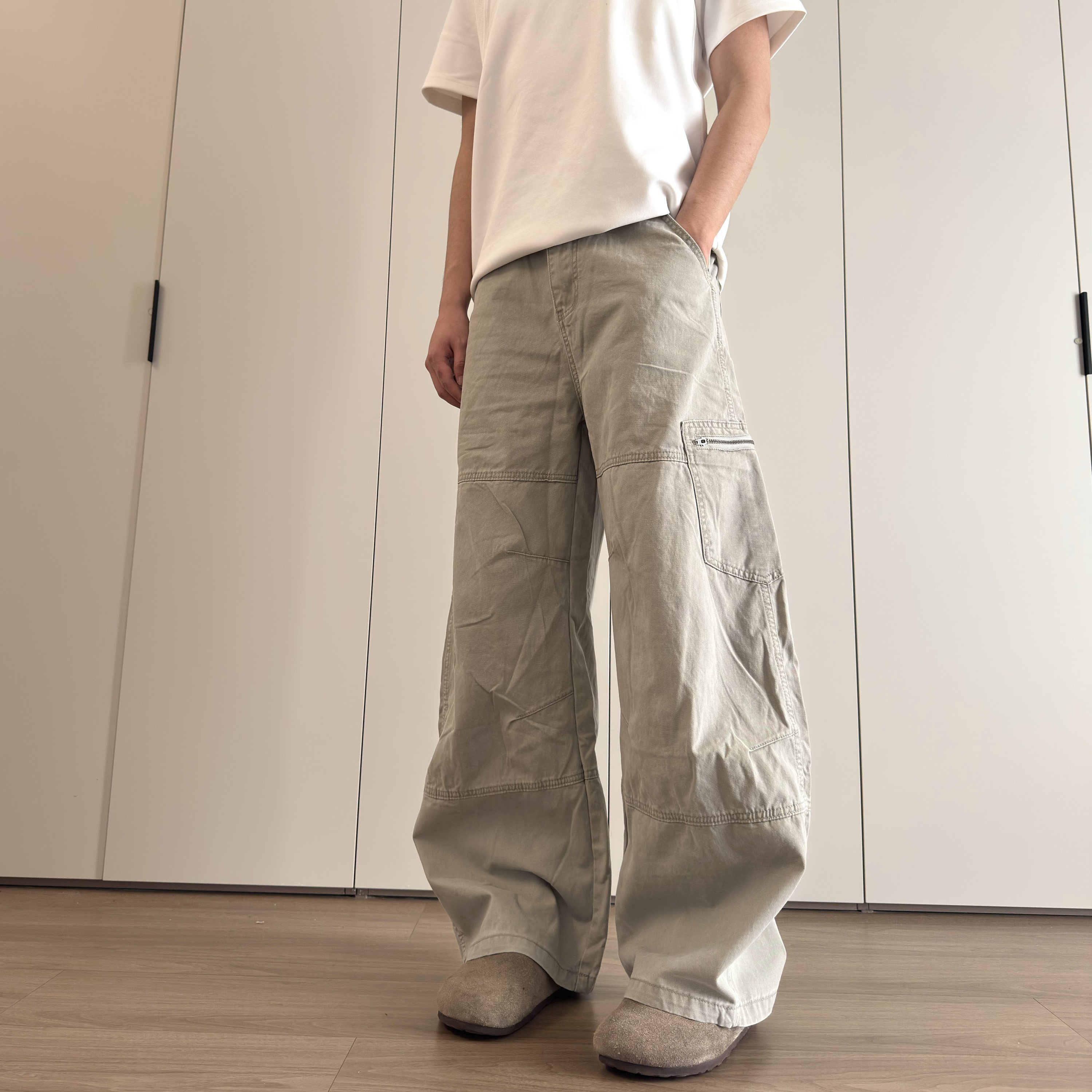 soxiox夏季薄款水洗侧口袋弯刀牛仔工装裤男女宽松阔腿松弛感裤子