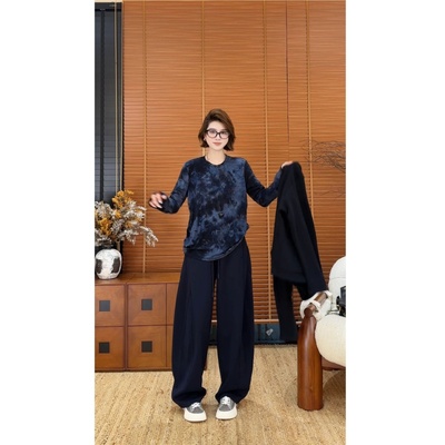 YYOUHAN 2025新款【曼哈顿风情】水墨晕染蓝色T恤上衣 2508C4618